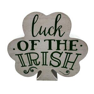 Luck Of The Irish Wooden Shamrock Block Decoration white green 5.5x5" READ